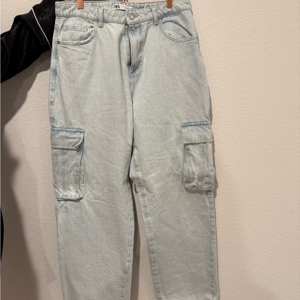 Women Light Blue Cargo Jeans